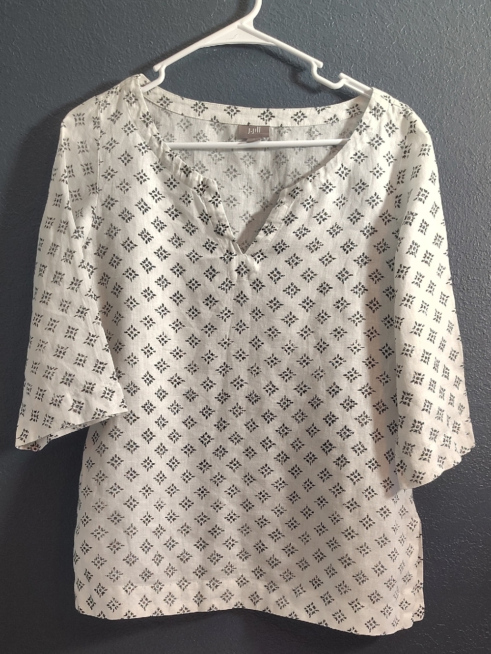 J. Jill White Popover Peasant Linen Casual Coastal Patterned V-Neck  Top